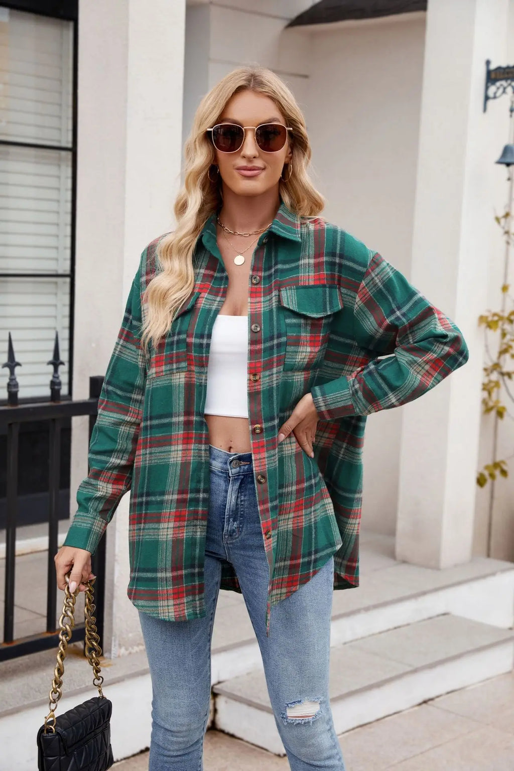 Women Plaid Button Up Shirt Loose Fit Warm Long Sleeve Casual Blouse with Pockets Autumn Winter Checkered Top Preppy Y2K Harajuku Style
