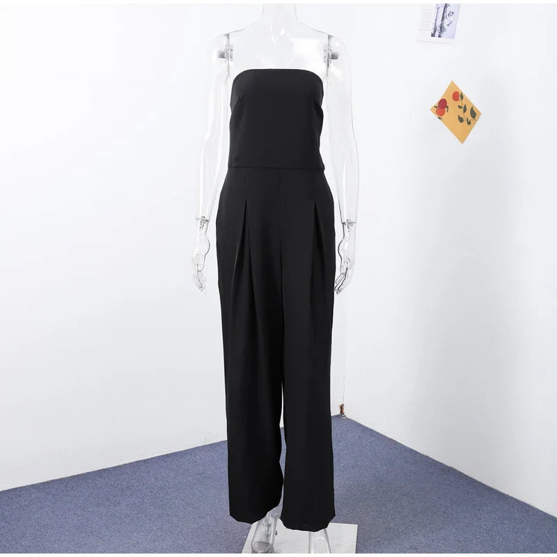 Solid Backless Off Shoulder Jumpsuit for Women Waist Cinching Wide Leg Pants with Pockets Elegant Summer Bodysuit Outwear