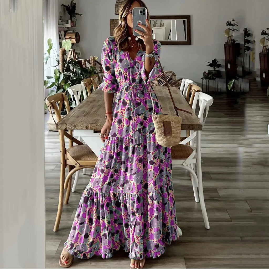Bright Summer Maxi Dress V Neck Printed For Women Vacation