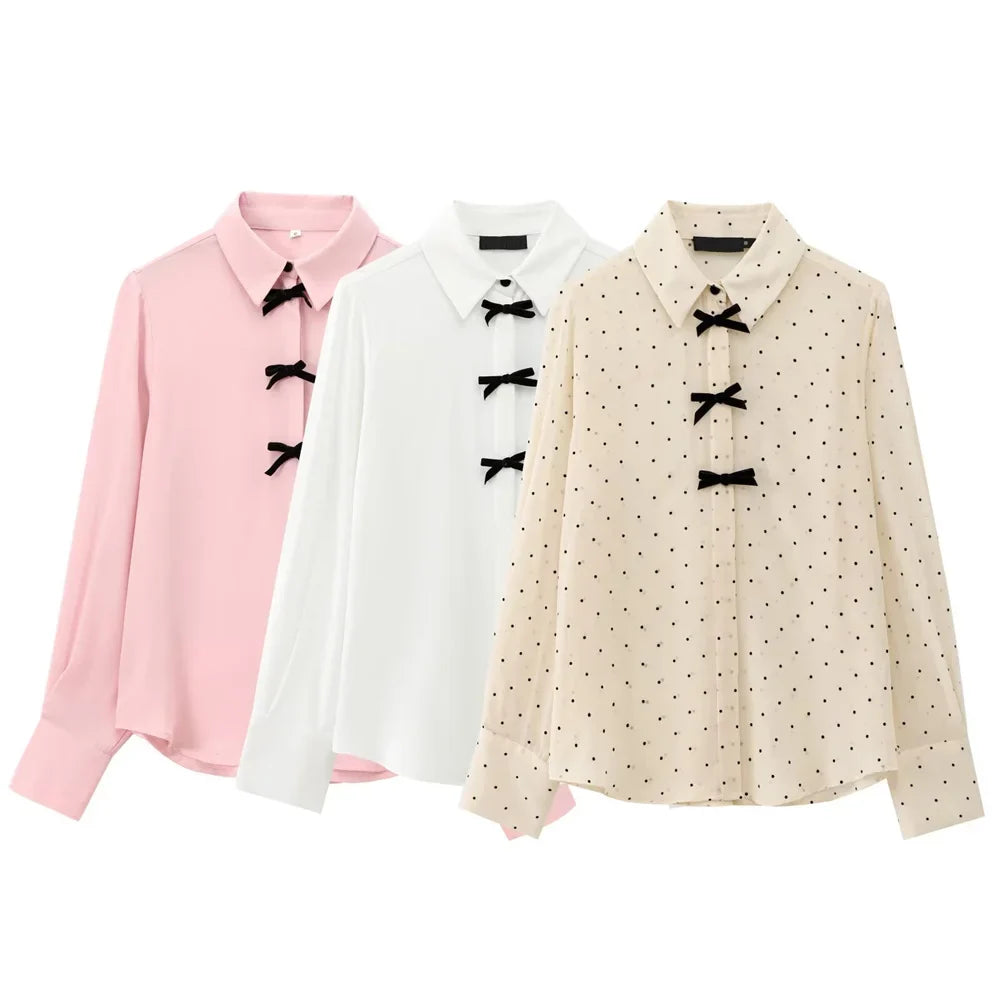 Velvet Bow Accent Single Breasted Flip Collar Long Sleeve Casual Shirt for Women