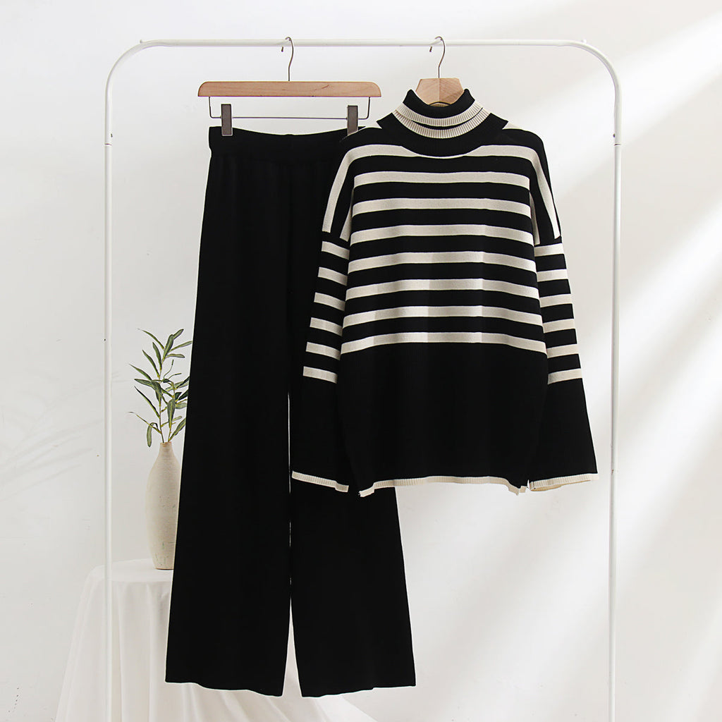 Cozy Winter Oversized Stripe Knit Two-Piece Sweater Set with Warm Turtleneck Pullover and Long Sleeve Casual Autumn Lounge Wear