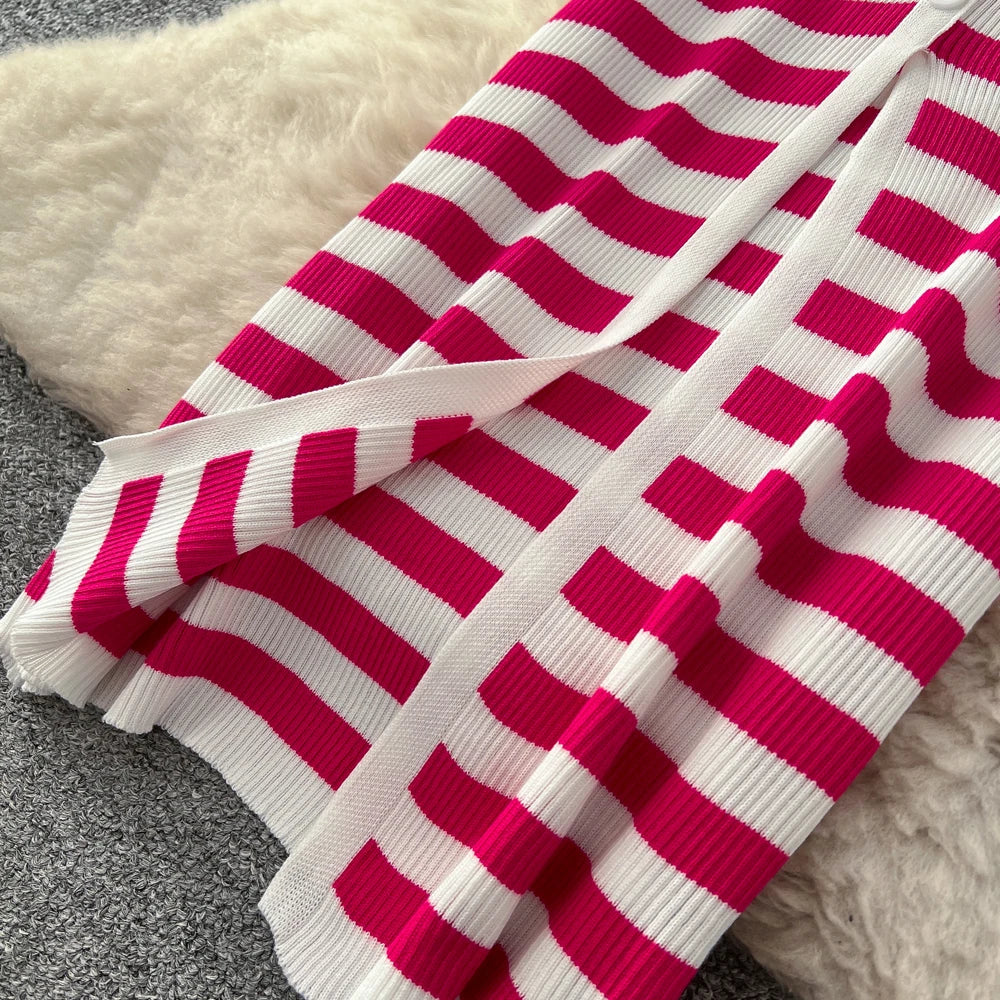 Women Striped Knitted Bodycon Maxi Dress for Summer