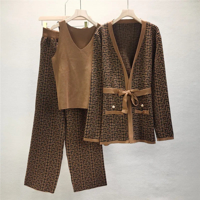 Women's 3 Piece Knitted Tracksuit Set with Cardigan, Vest and Wide Leg Pants