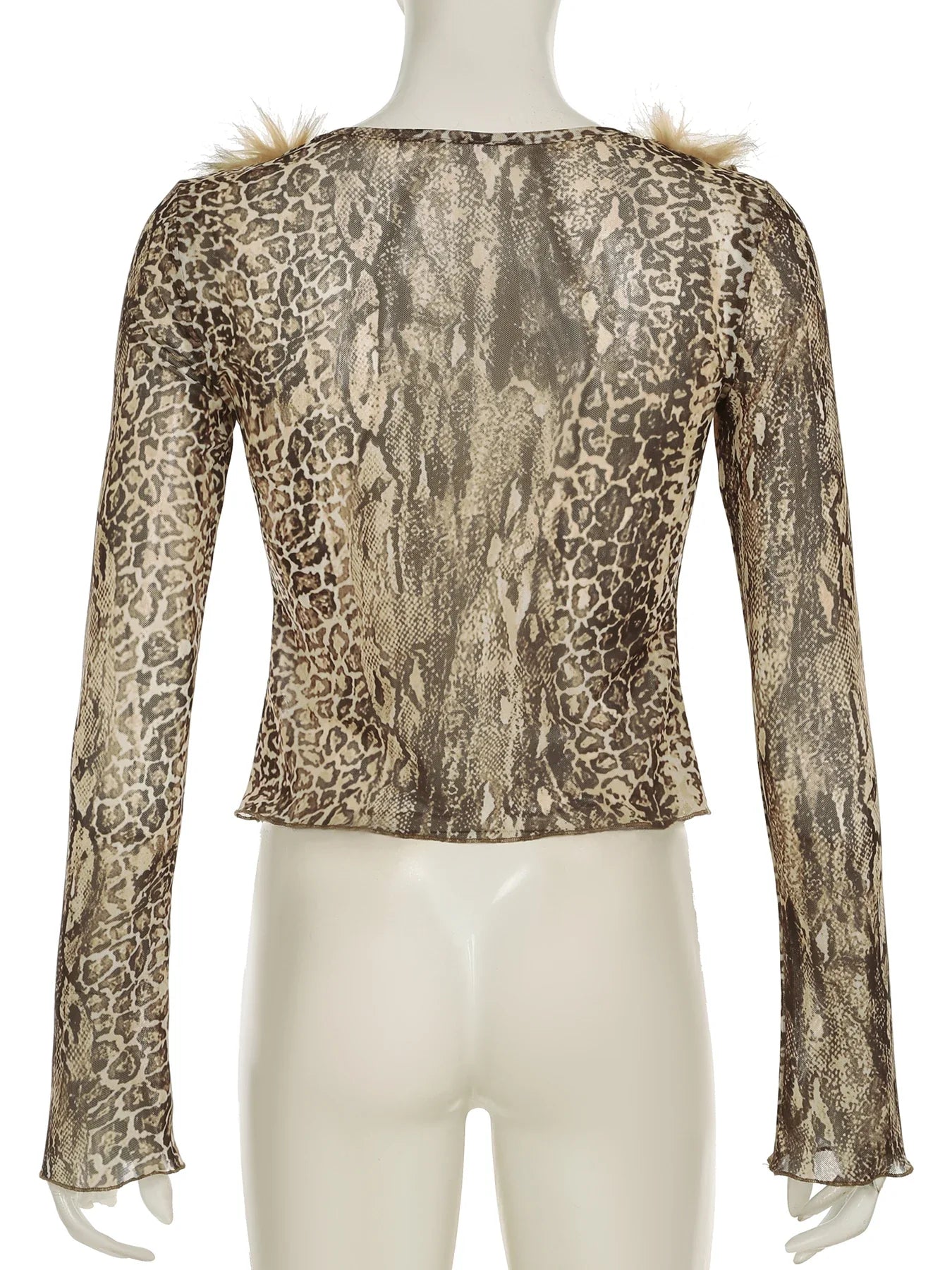 Casual Leopard Fur Trim Sheer Mesh V-Neck Long Sleeve Slim Bandage Blouse for Women