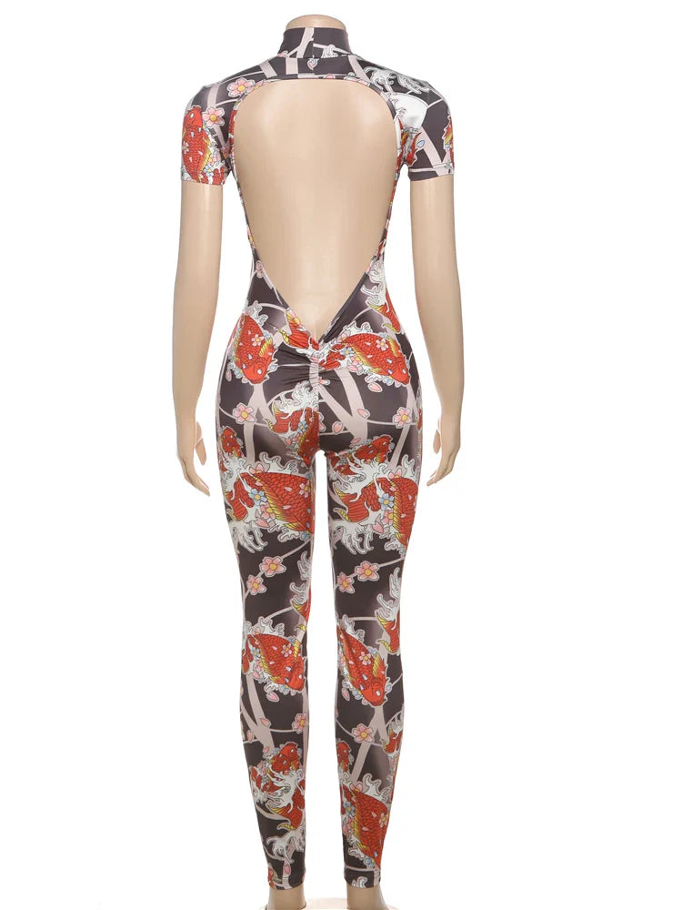 Sporty Backless Jumpsuit for Women with Peach Buttocks Design Short Sleeve Fitness Overalls Summer Casual Street Workout Apparel