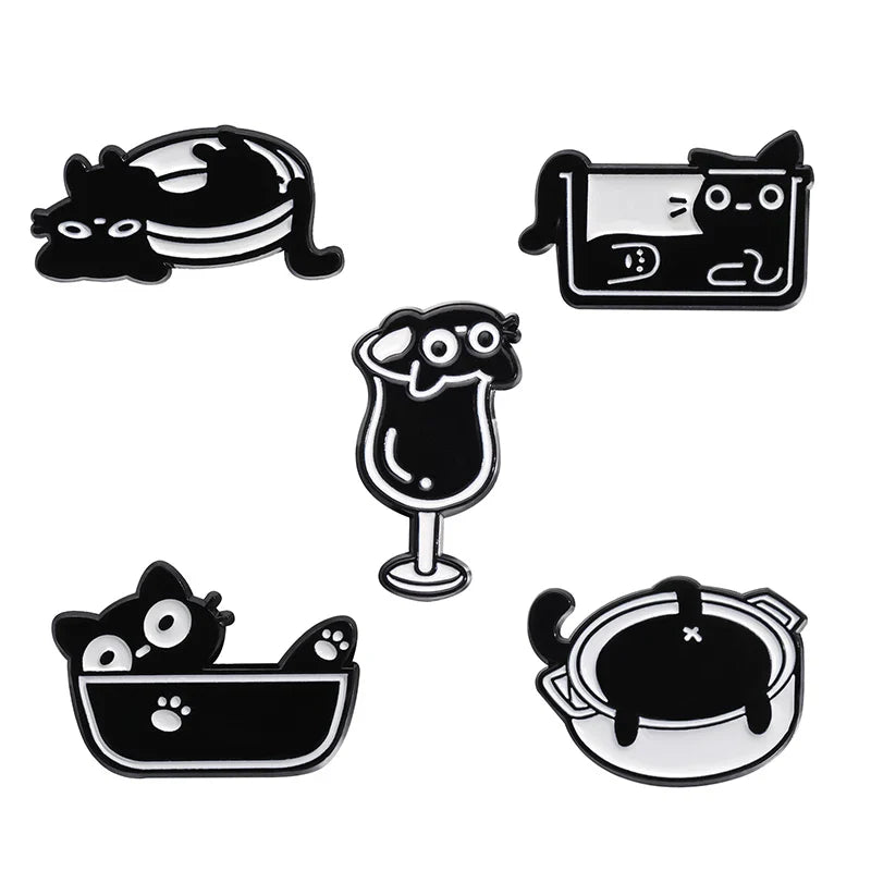 Cute Cat Enamel Pins Set of 4 to 6 Black Fluid Cat Brooches Lapel Badges Unique Animal Jewelry Gift