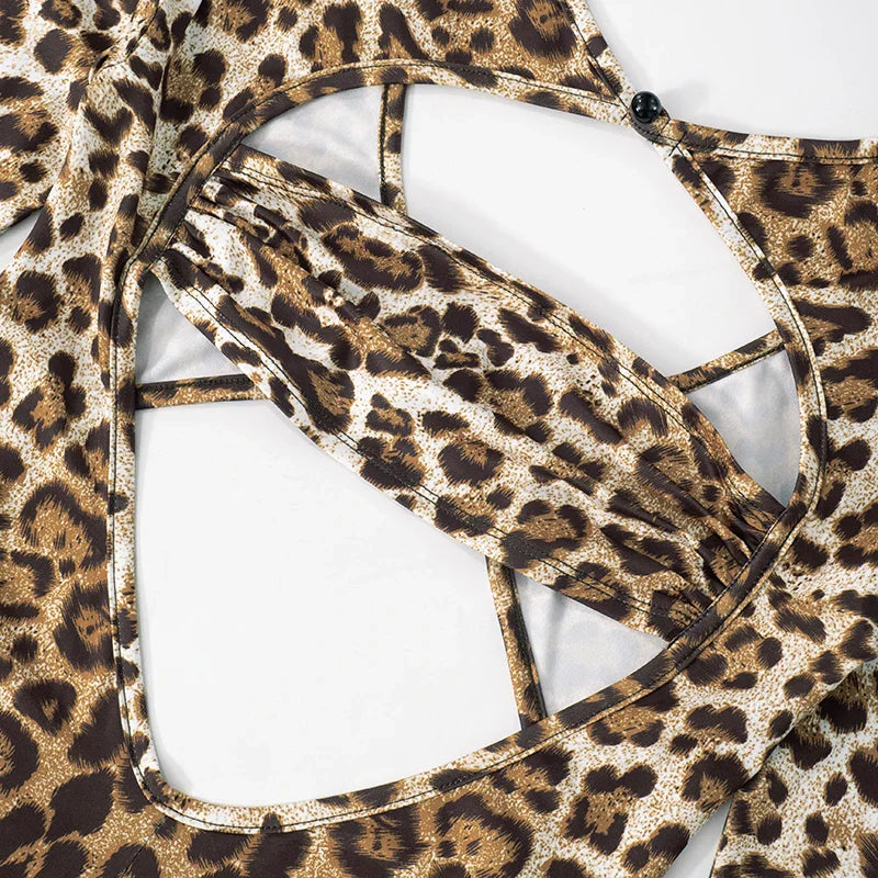 Leopard Print Long-Sleeved Crop Top with High-Waisted Trendy Jumpsuit Sexy Chic Stylish Outfit for Women