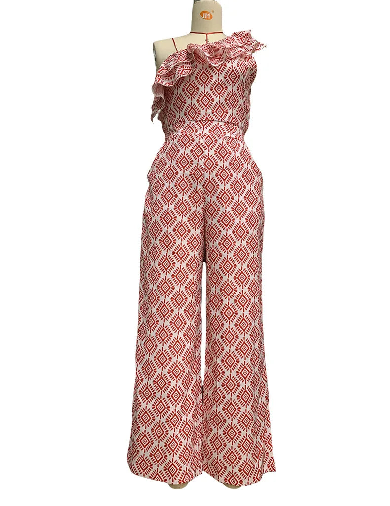 Women's Summer Off Shoulder Jumpsuit Sleeveless Ruffle Detail Skew Collar Wide Leg Printed Plaid Rose Pattern Romper