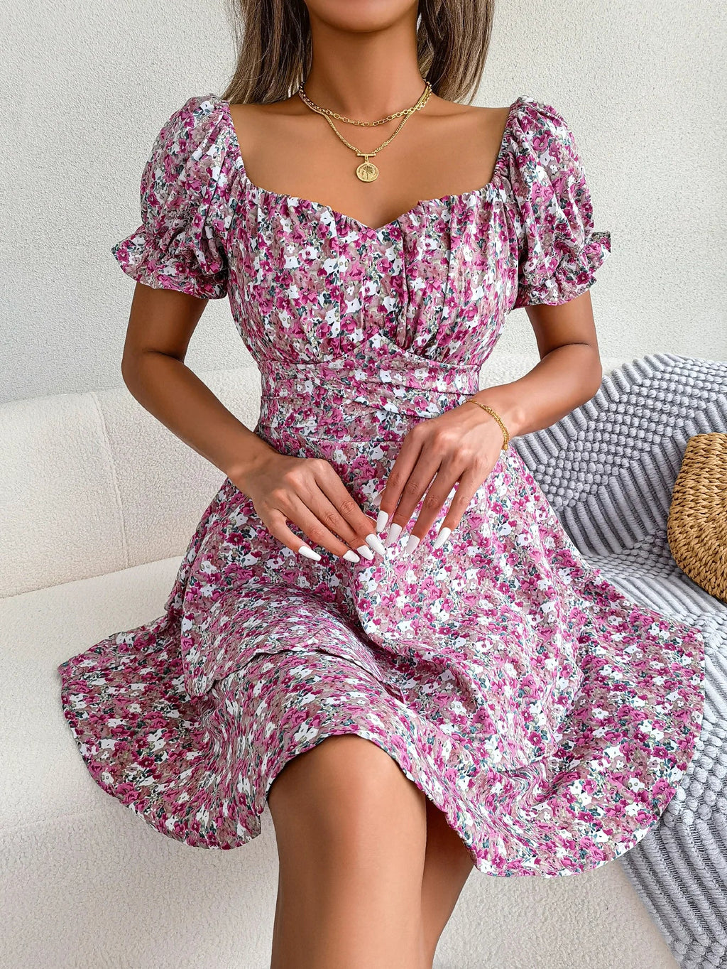 Floral Print Pleated Dress For Women Knee Length Summer