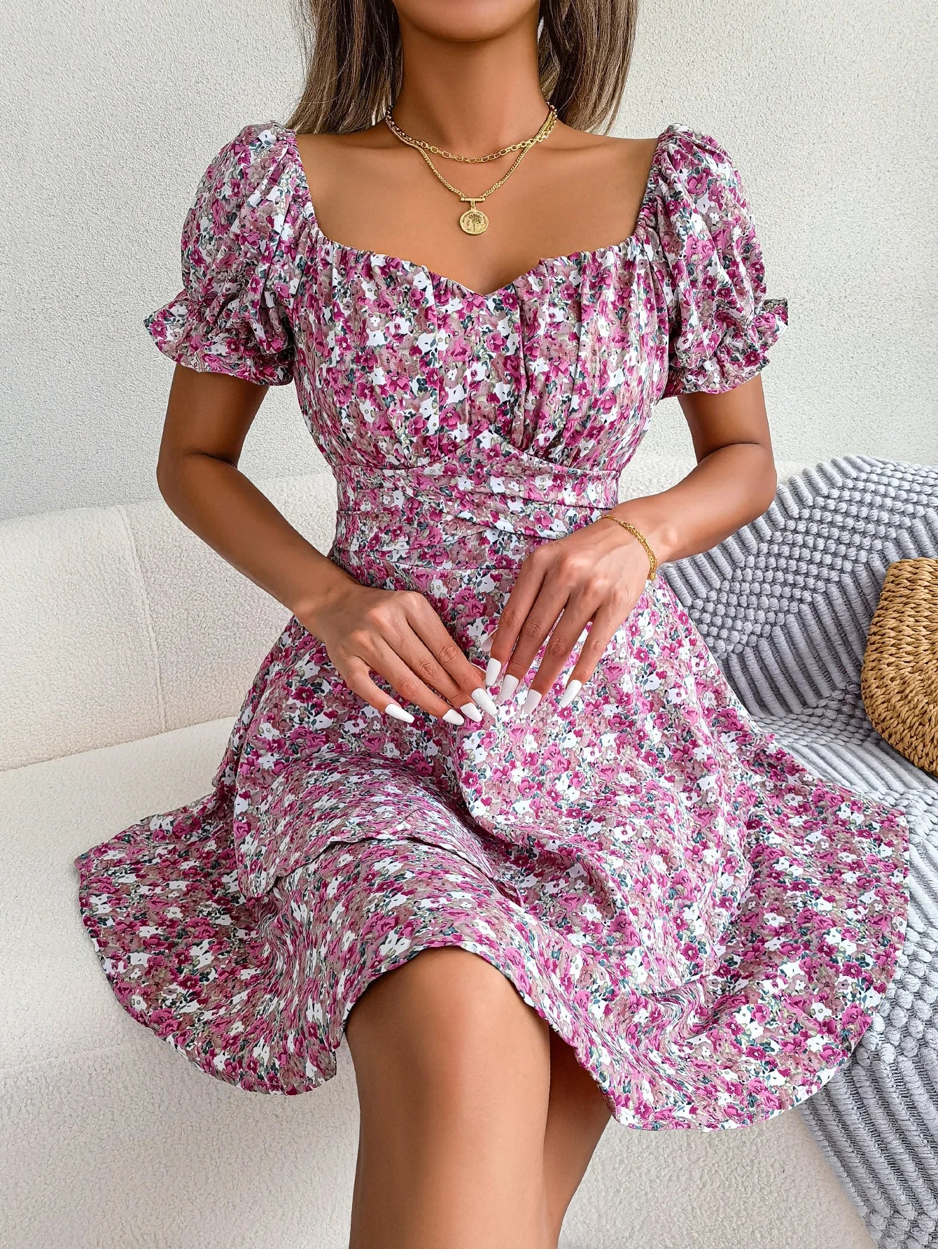 Floral Print Pleated Dress For Women Knee Length Summer