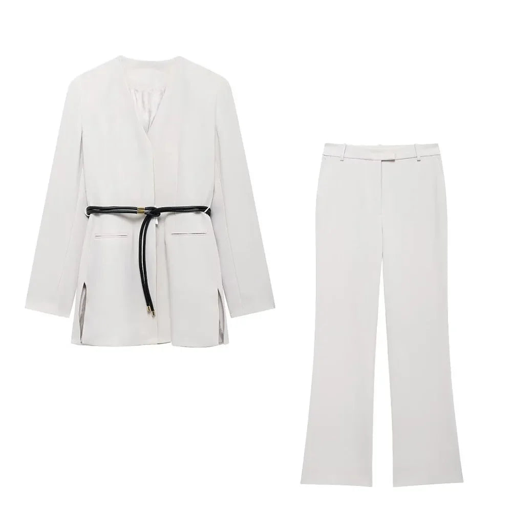Women's Fashion Long Sleeve Suit Jacket with Belt and Zipper Straight Pants Set