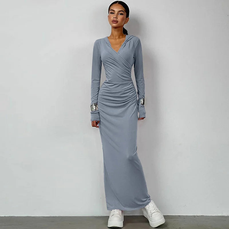 V Neck Solid Maxi Dress With Draped Silhouette Long Sleeve