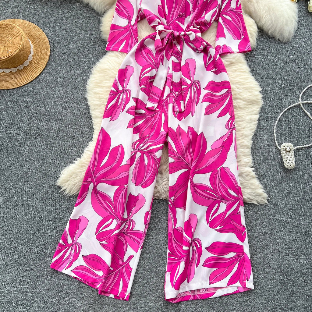 Women's Summer V-Neck Short Sleeve Lace-Up Waist Slim Fit Wide-Leg Printed Jumpsuit with Loose Straight Leg Design