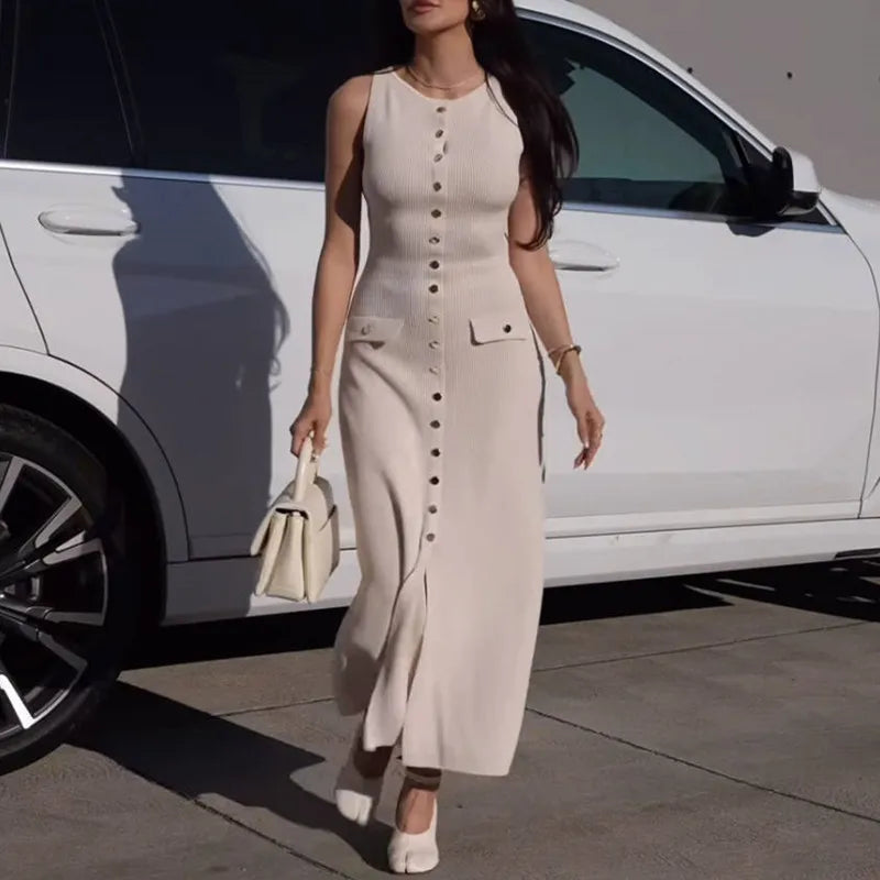 Elegant Knitted Long Summer Dress With O Neck Sleeveless