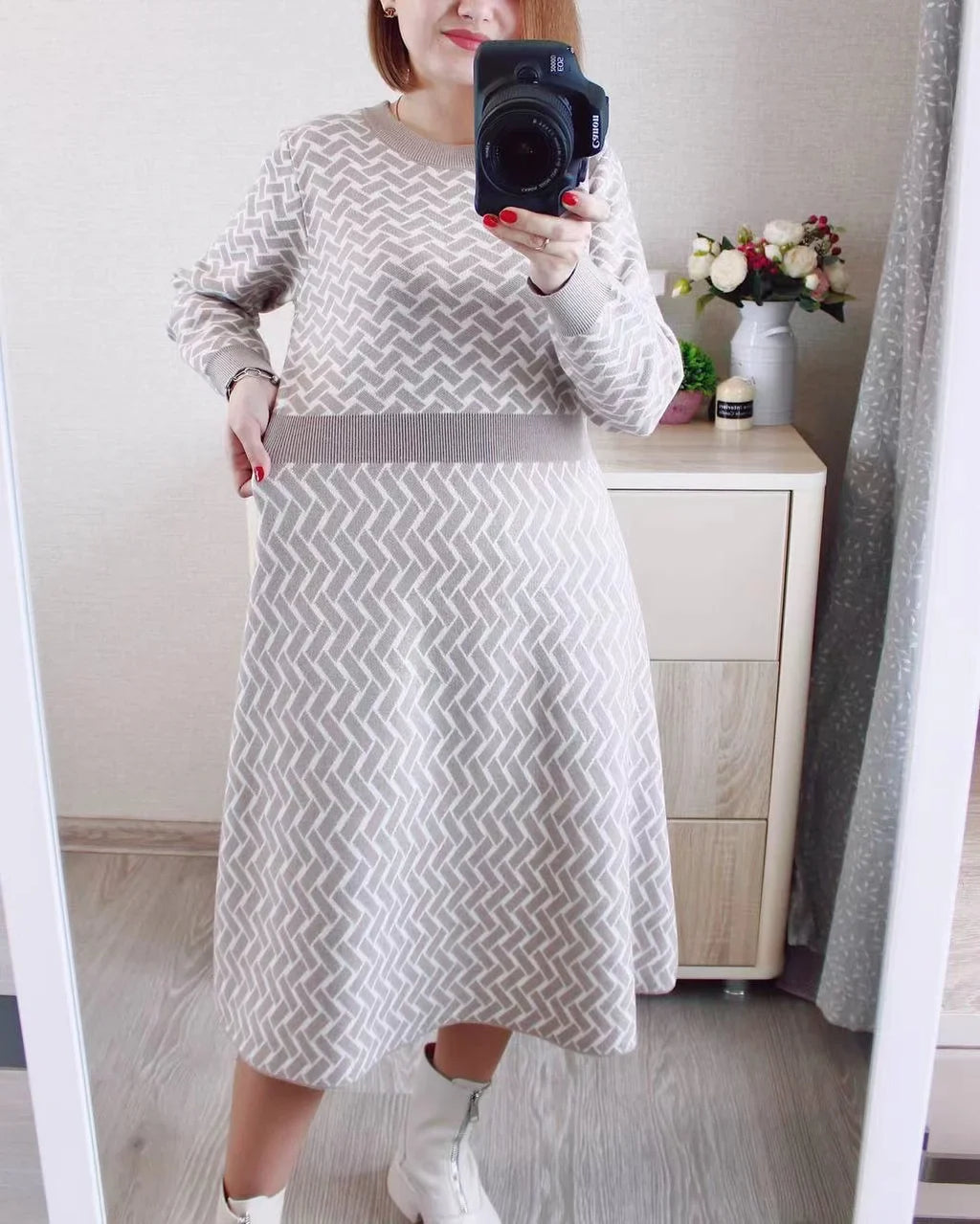 Jacquard Knit Sweater Dress With Belt Elegant Pleated Maxi