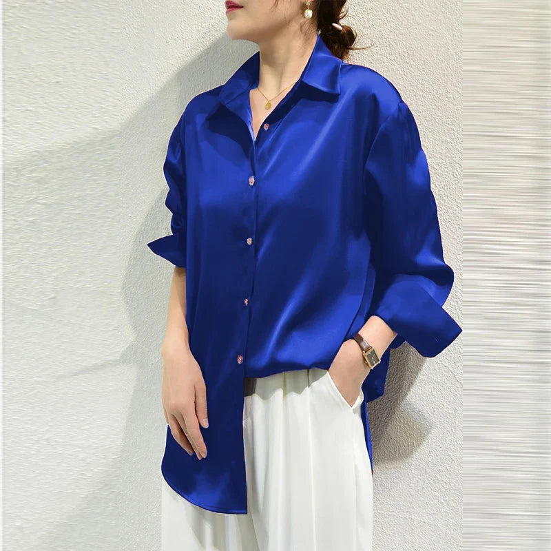 Satin Finish All-Match Blouse for Women Long Sleeve Casual Elegant Button Down Shirt Solid Color French Style Office Top