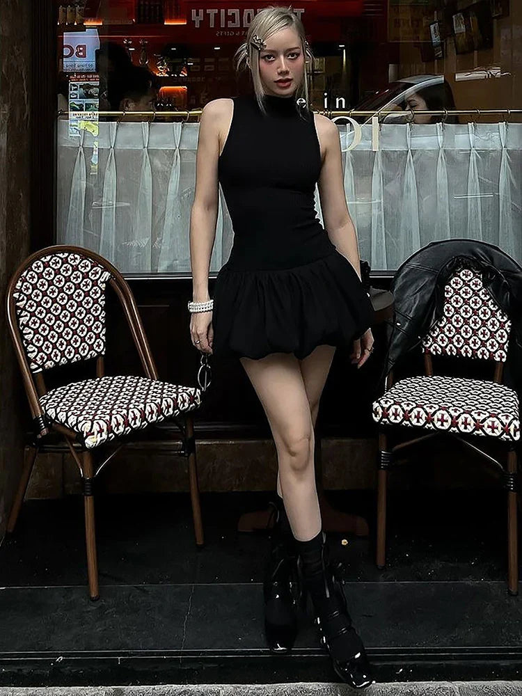 Ribbed Sleeveless Patchwork Bubble Backless Minidress