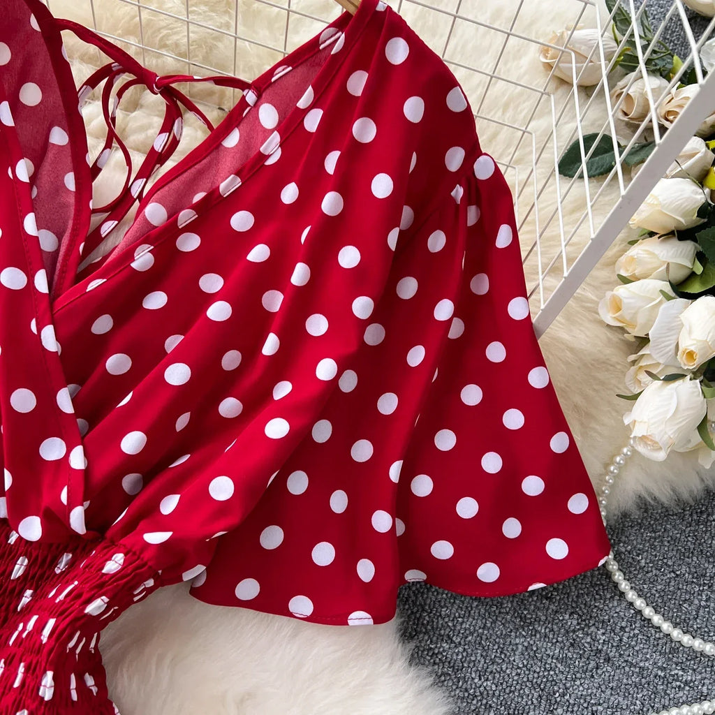 Elegant Polka Dot Romper for Women V-Neck Short Sleeve High Waist Wide Leg Jumpsuit Loose Fit Summer Playsuit