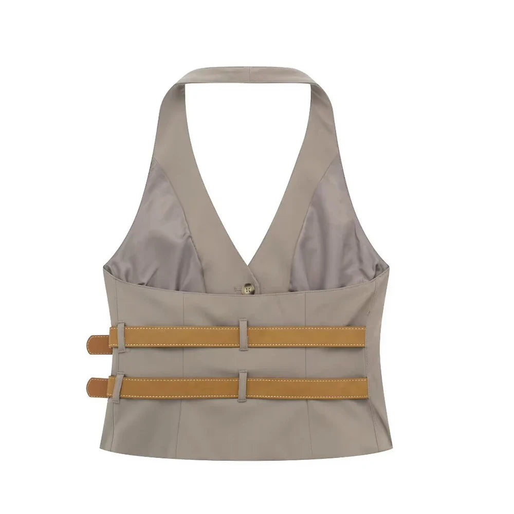 Women's Two-Piece Suit Set with Belt Halter V-Neck Top and High-Waisted Pleated Pants