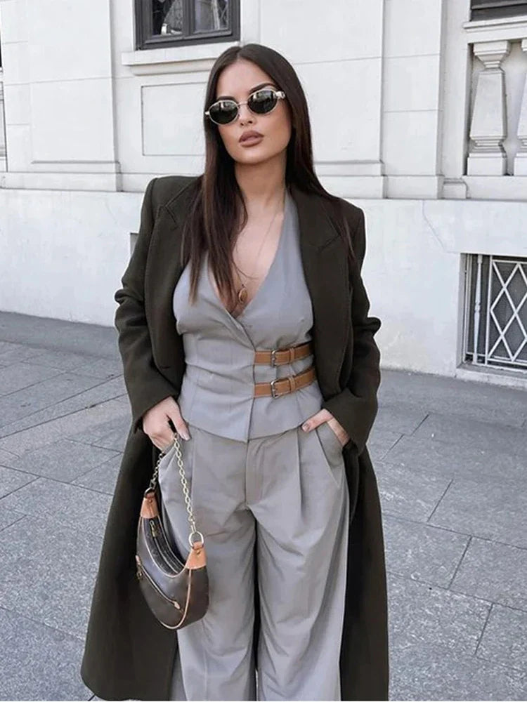 Women's Two-Piece Suit Set with Belt Halter V-Neck Top and High-Waisted Pleated Pants