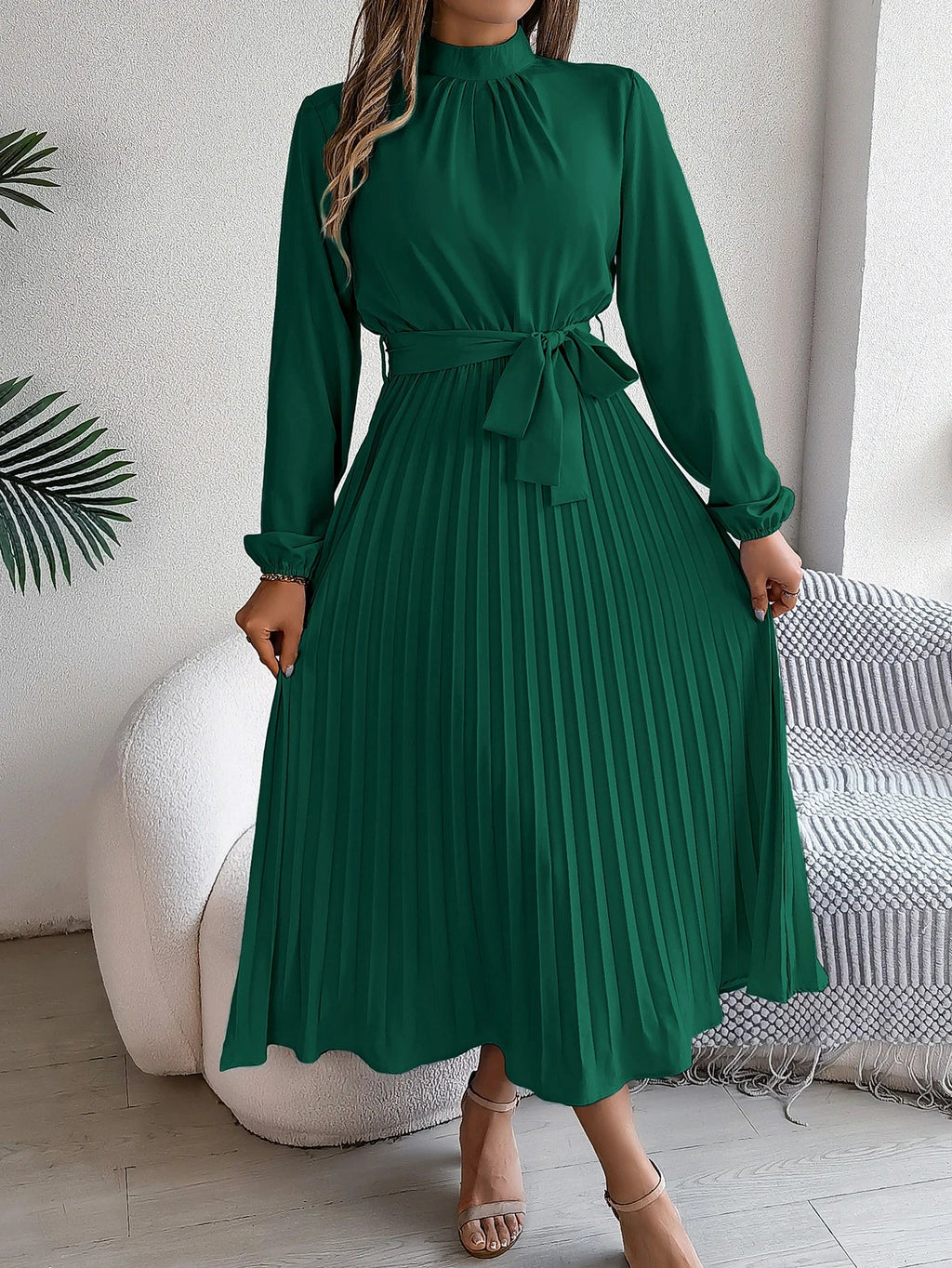 Elegant Pleated Lace Up Long Sleeve Maxi Dress For Spring