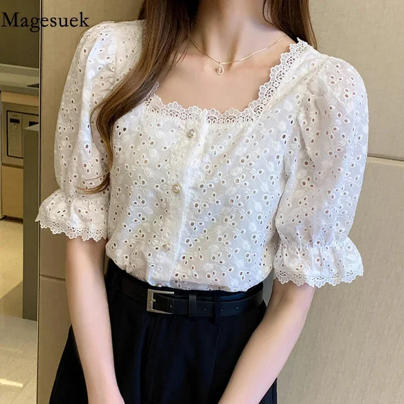 Elegant White Lace Blouse for Women Short Sleeve Square Collar Hollow Out Summer Shirt Chic and Breathable Feminine Top