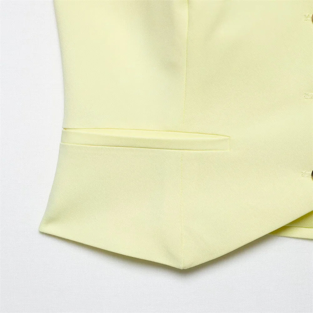 Womens Light Yellow Suit Set Halter Vest with Gold Buttons and Pleated Wide Leg Pants Stylish Ensemble