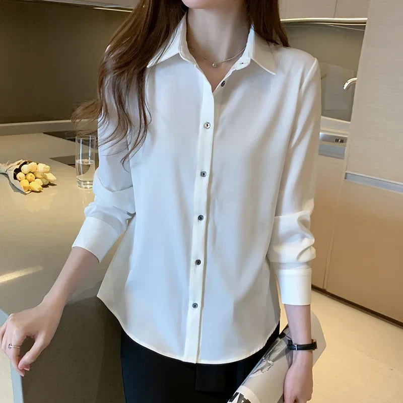 Elegant Satin Long Sleeve Blouse for Women Casual Office Shirt Solid White Basic Top