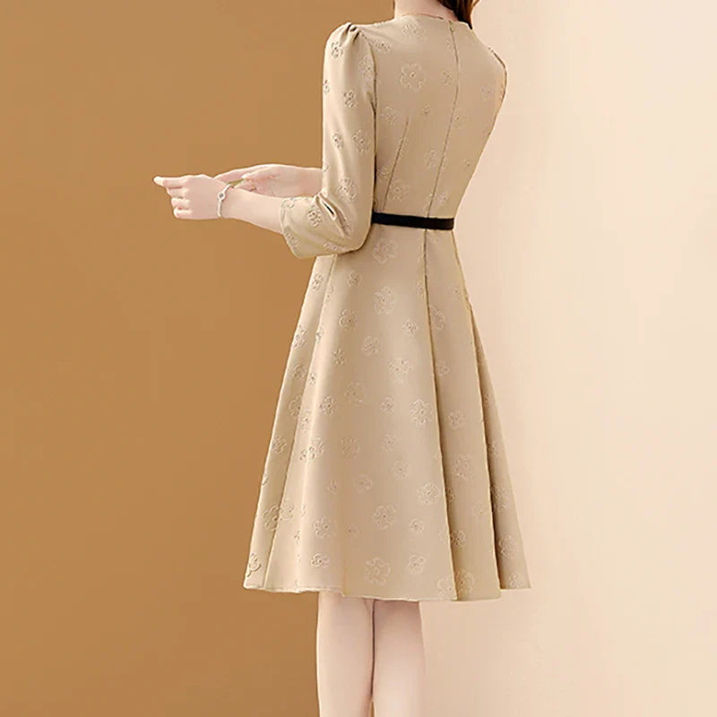 Floral Embroidered Belt Dress for Women O Neck A Line
