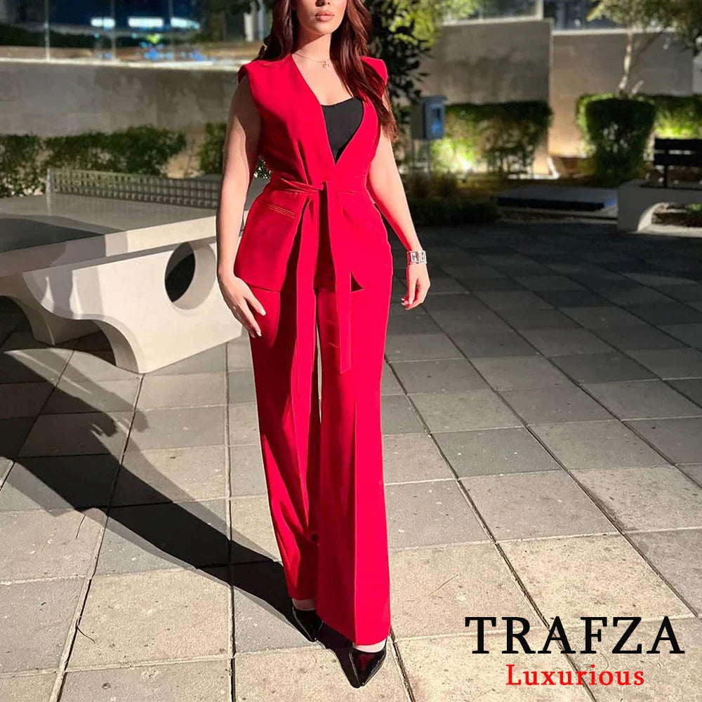 Red Vest Blazer Set For Office Lady With Wide Leg Pants
