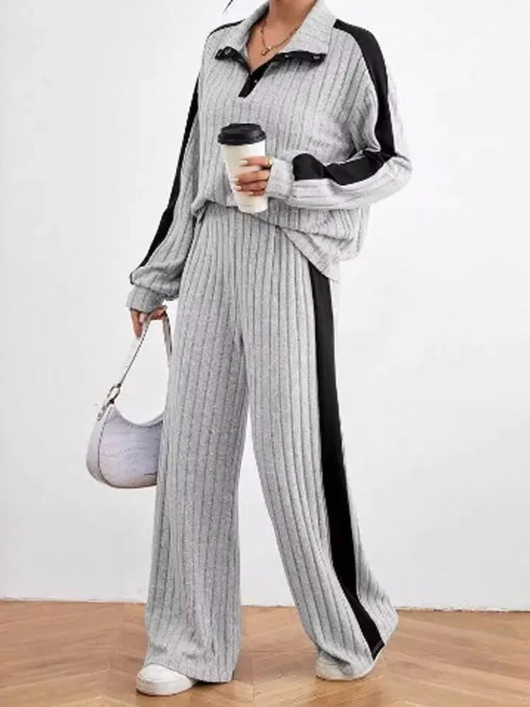 Women Loose Knit Sweater and Wide Leg Pants Two Piece Set with Stripe Color V Neck Design for Autumn and Winter Homewear