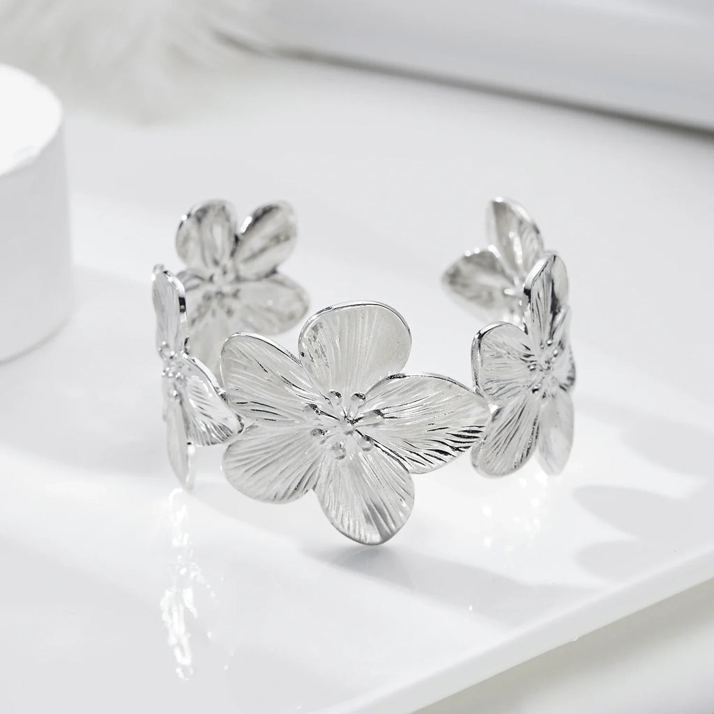 Gold Plated Adjustable Cuff Bracelet with Hollow Flower Butterfly Design in High Quality Stainless Steel for Women Jewelry