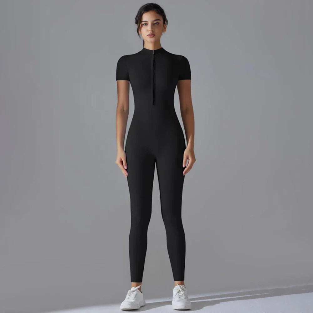 Womens Short Sleeve Yoga Jumpsuit Slim Fit Stretch One Piece Romper with Front Zipper Sexy Fitness Activewear Basic Sportwear in Black