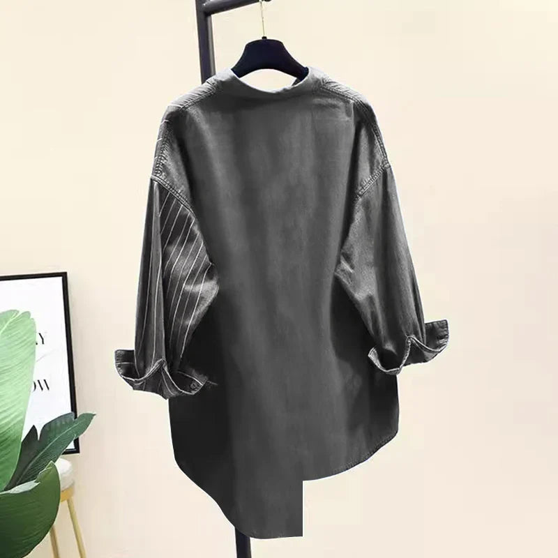 Women's Striped Patchwork Long Sleeve Shirt Casual Loose Blouse with Front Pocket and Shirt Collar Oversized Work and Everyday Wear Top