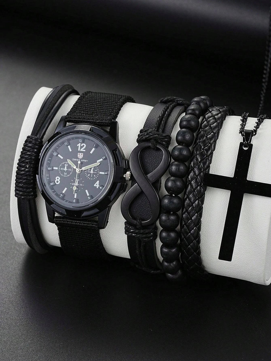 Fashionable PU Leather Beaded Bracelet Set With Quartz Watch And Cross Pendant Necklace For Men