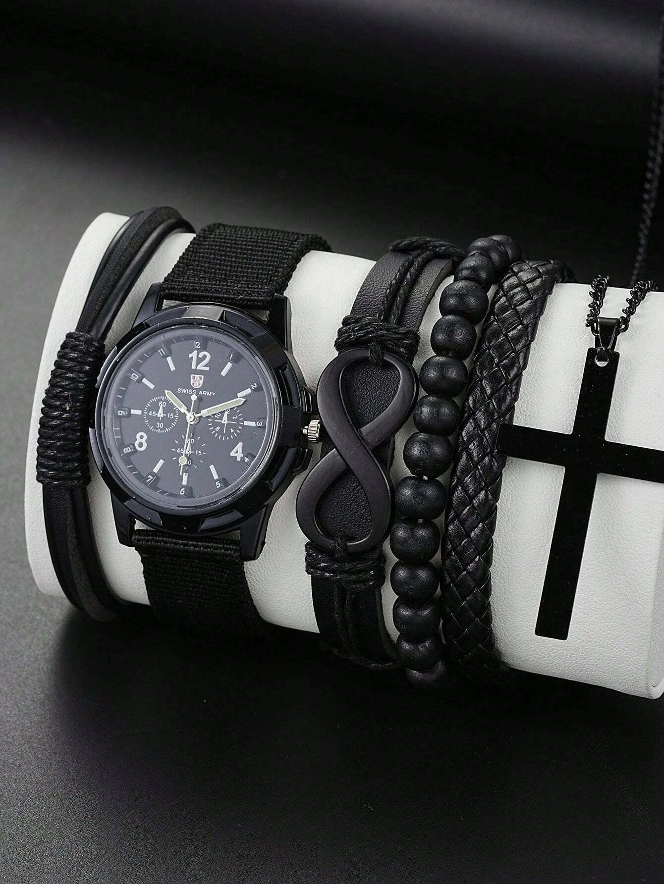 Fashionable PU Leather Beaded Bracelet Set With Quartz Watch And Cross Pendant Necklace For Men
