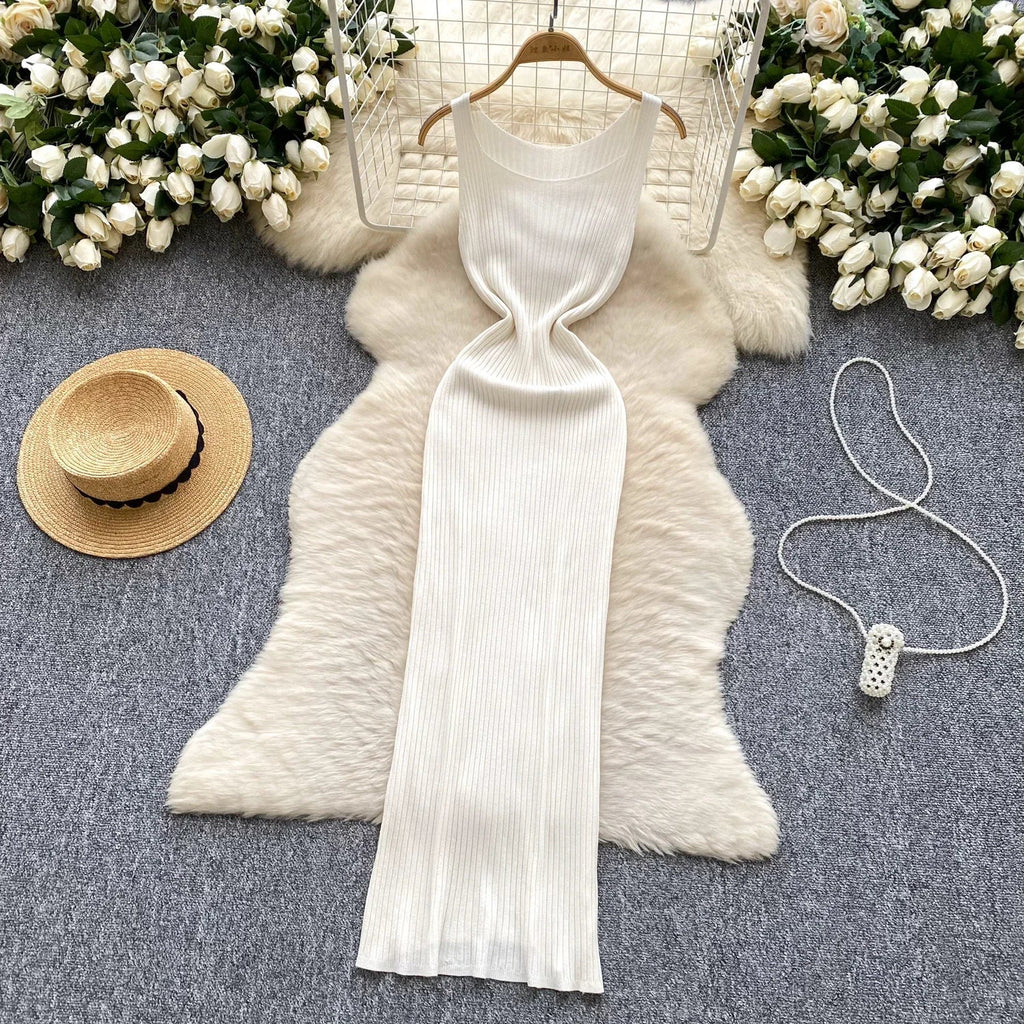 Knit Maxi Dress Women Sleeveless O Neck Bodycon Solid
