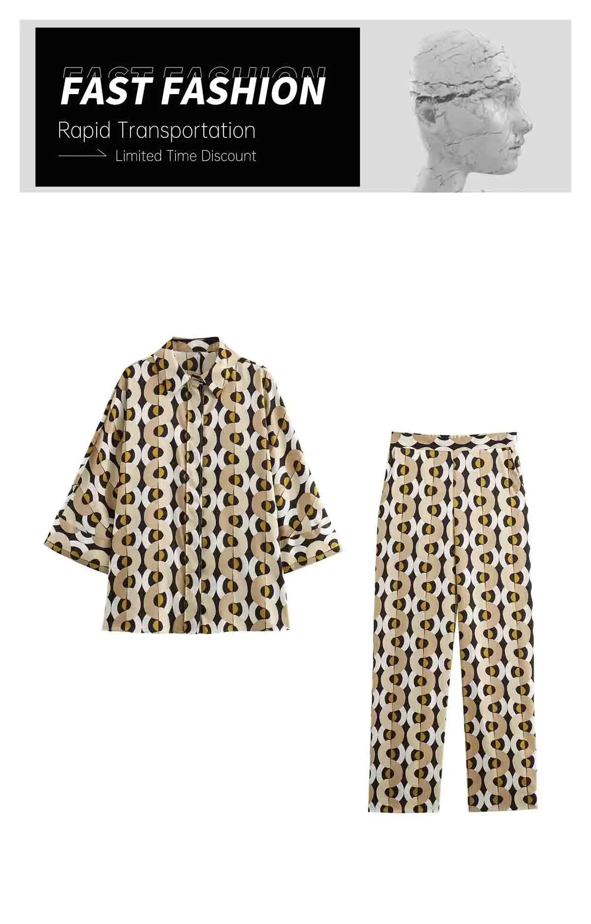 Casual Women's Geometric Printed Shirt and High Waist Straight Leg Pants Set