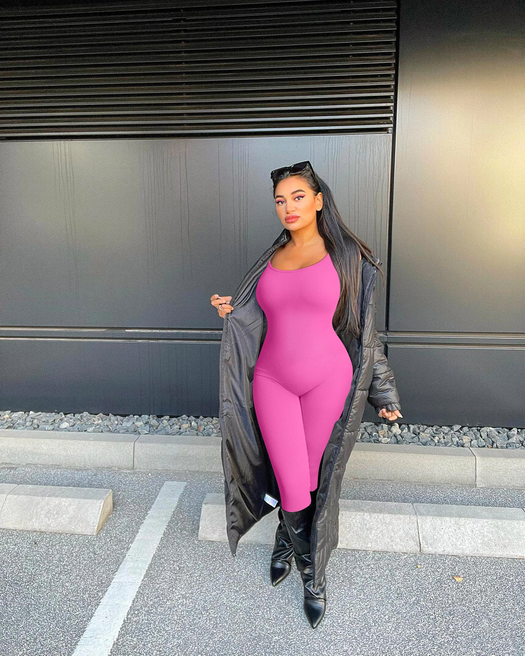 Solid Color Slim-Fit Seamless Hip Lifting Bodysuit Yoga Jumpsuit Set for Women