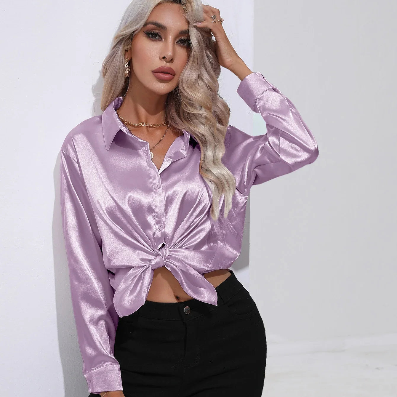 Retro Satin Button-Up Shirt for Women Loose Fit Multi-Color Elegant Office Casual Top Perfect for Autumn and Dance Parties