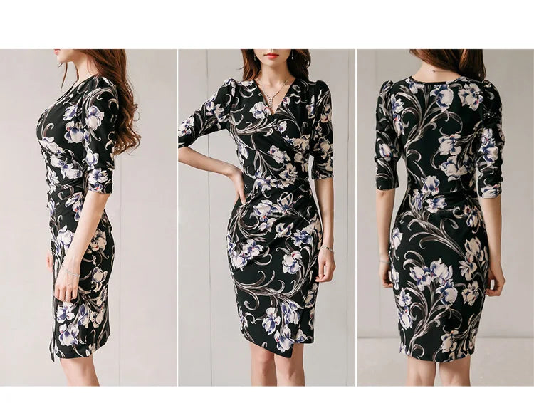 V-Neck Pencil Dress for Women Vintage Print Office Wear