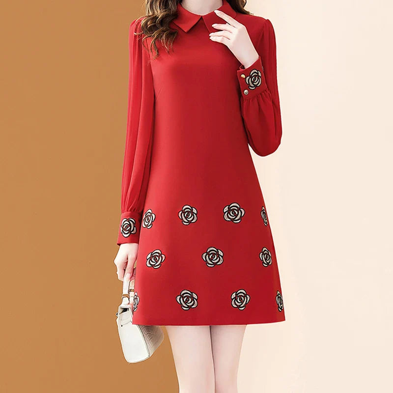 Floral Embroidery Chiffon Dress With Polo Collar For Office