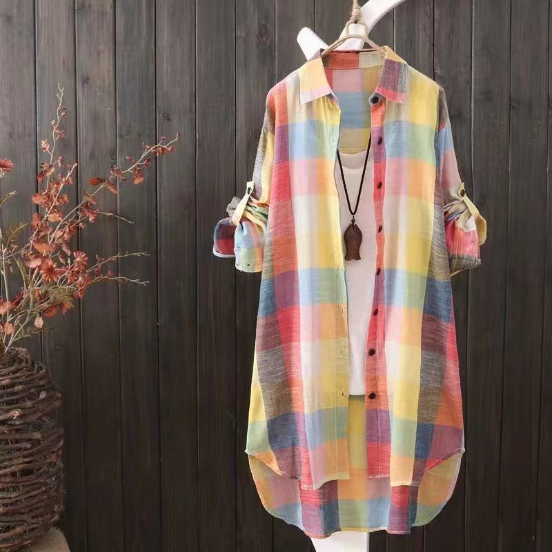 Casual Plaid Linen Cotton Long Sleeve Blouse Mid Length Loose Button Down Shirt for Women Autumn and Winter Fashion