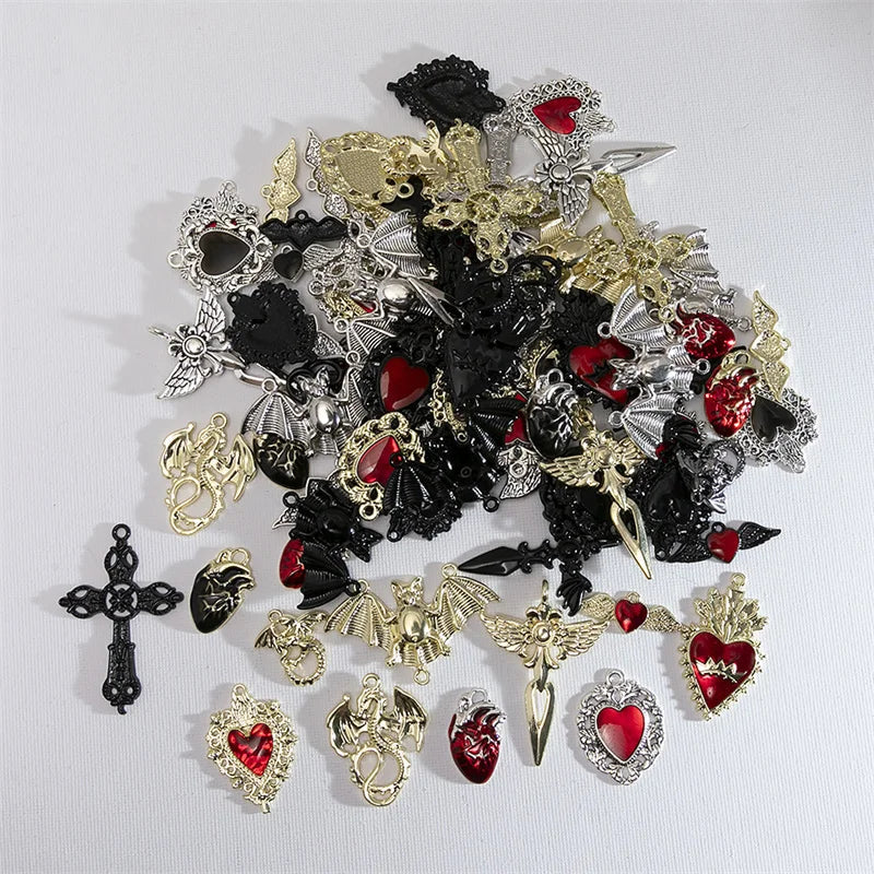 10 Piece Gothic Charms Set with Cross, Heart, and Skull Pendants for DIY Handmade Earrings and Jewelry Accessories