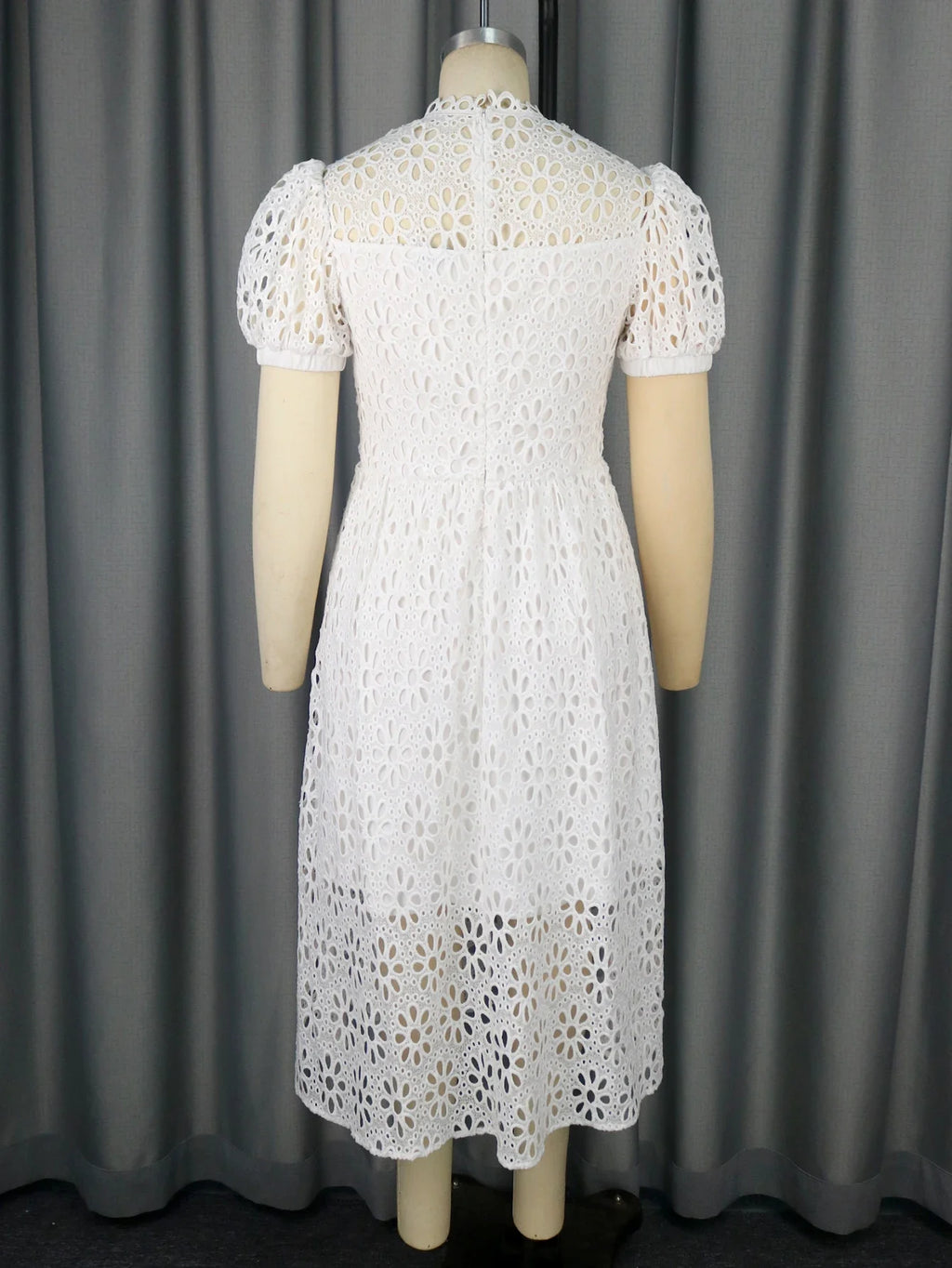 White Lace Dress Mock Neck Puff Sleeve A Line Evening Gown