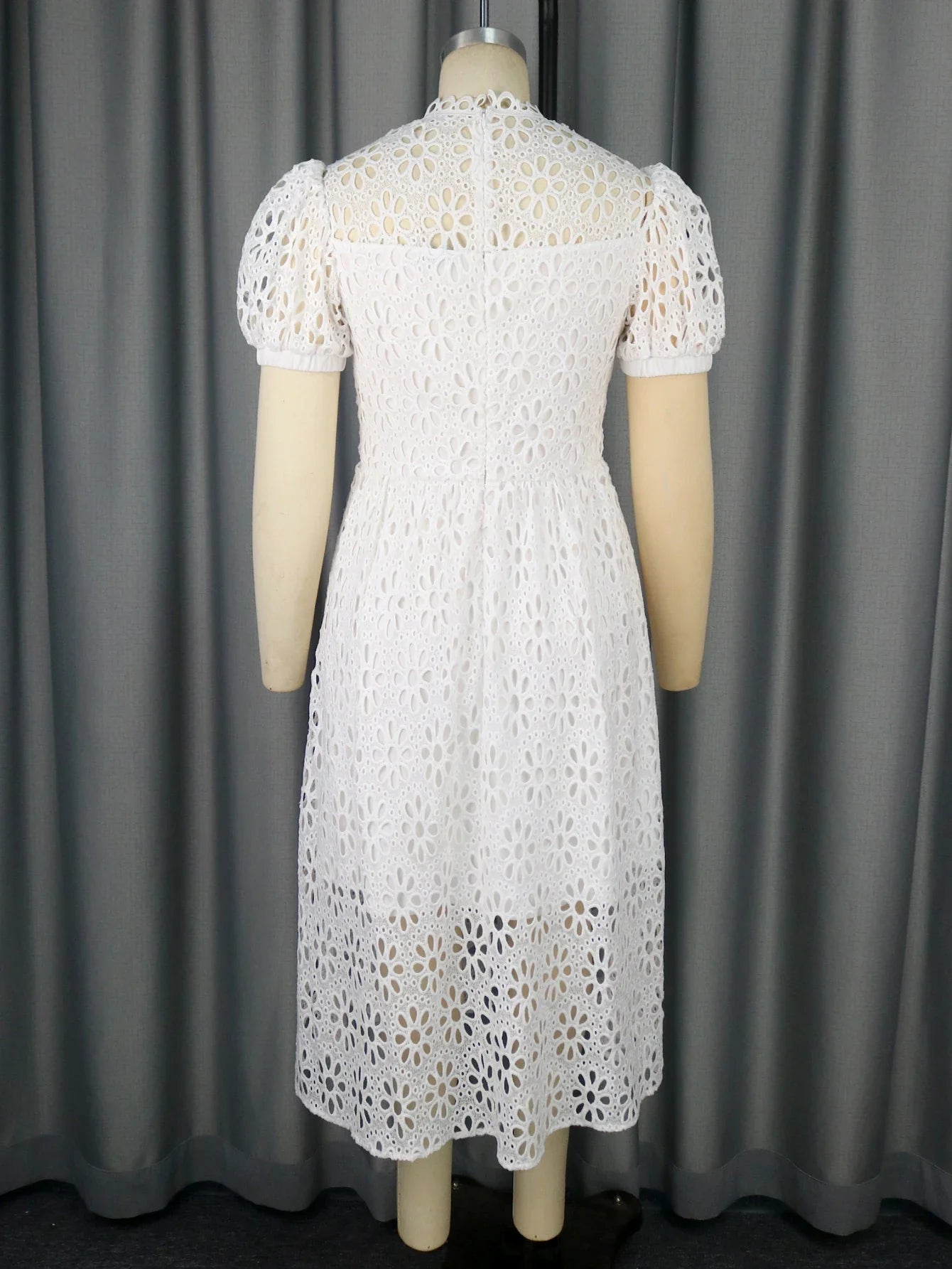 White Lace Dress Mock Neck Puff Sleeve A Line Evening Gown