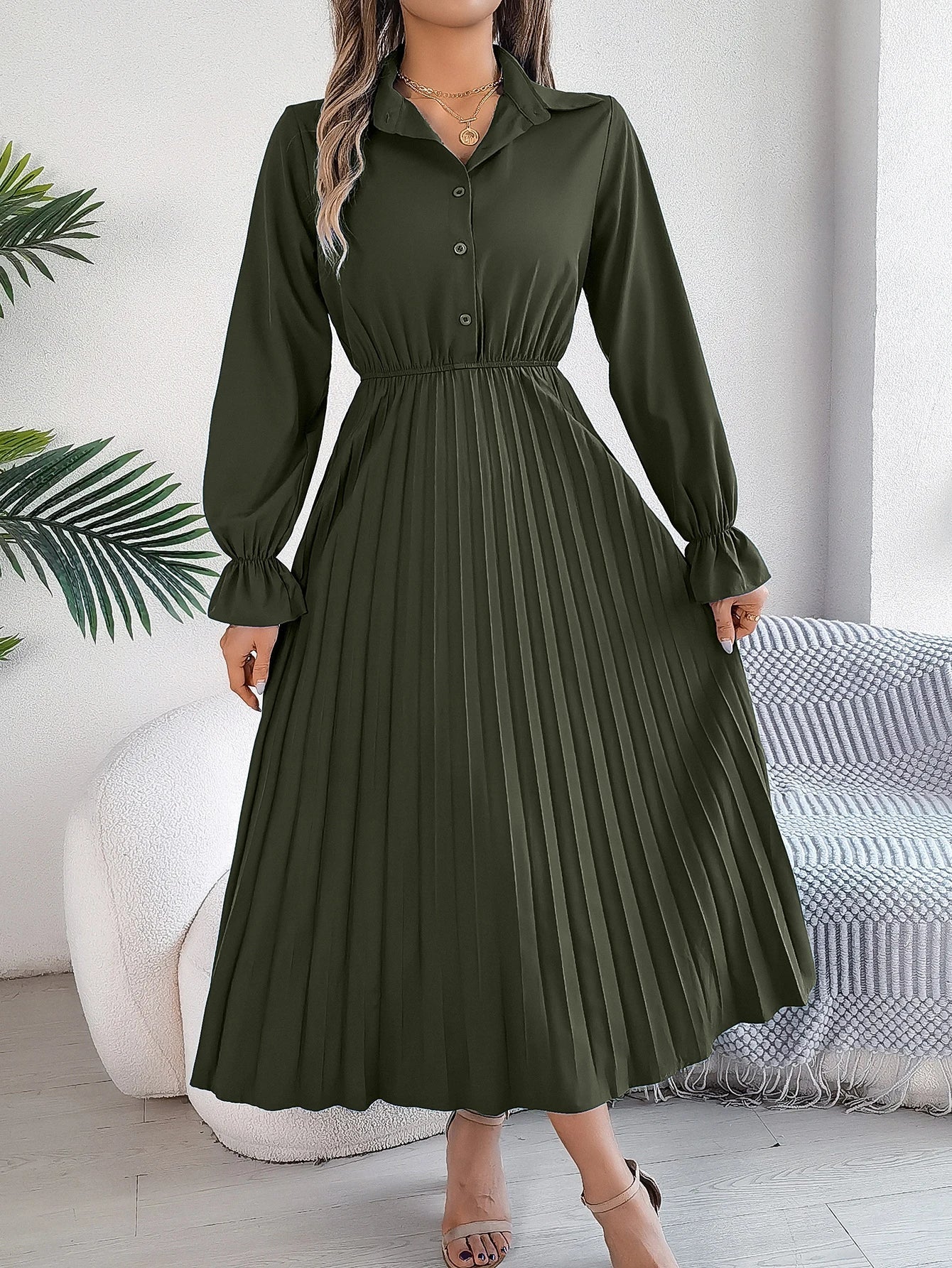 Solid Color Polo Neck Pleated Long Sleeve Dress For Women