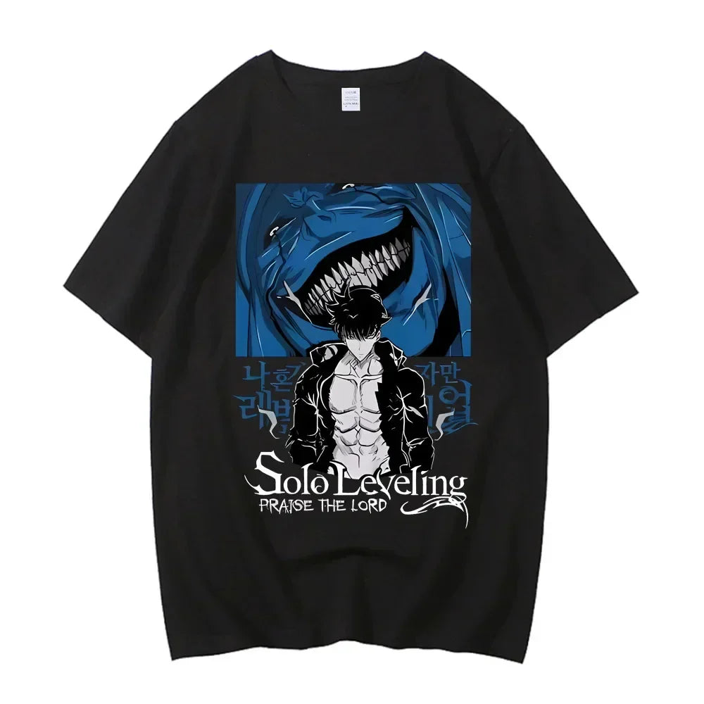 Sung Jinwoo Solo Leveling Anime Graphic T Shirt for Men and Women High Quality Cotton Short Sleeve Streetwear Tee