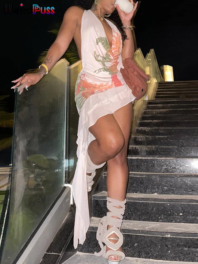 Backless Halter Bodycon Dress With Deep V Neck Y2K Clubwear