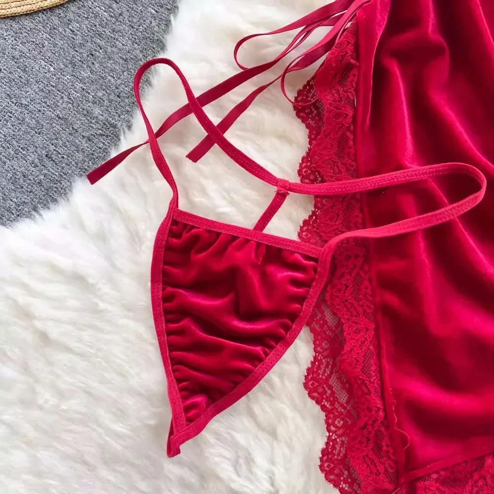 Golden Velvet Backless Lingerie With Lace Trim Sleep Dress